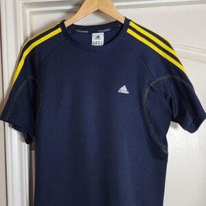 adidas Navy Short Sleeve Athletic Tee with Yellow Shoulder Stripes